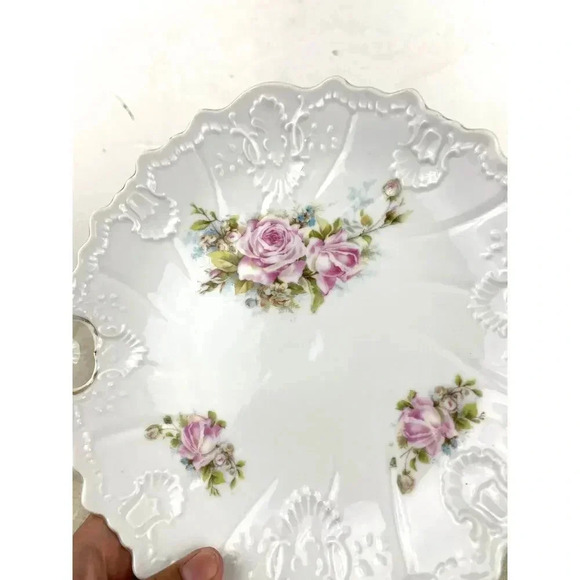 VTG Porcelain Pink Roses Floral Serving Plate With Handles Embossed Shabby Chic - Picture 4 of 11